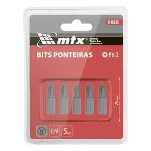 Jogo de Bits Phillips Ph2 x 25mm em Aço Crv com 5 Peças - Mtx