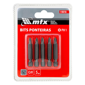 Jogo de Bits Phillips PH1 x 50mm em Aço CRV Com 5 Peças - Mtx